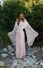 Load image into Gallery viewer, Blush Pink Bridal Robe with Gold Zari Details – Timeless Elegance for Your Wedding Day Bliss | Luxury Bridal robe
