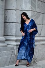 Load image into Gallery viewer, Ocean-Inspired Blue-Black Watercolor Caftan | Hand-Dyed Artistic Caftan with Pockets | Soft, Breezy Beach Cover-Up
