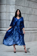 Load image into Gallery viewer, Ocean-Inspired Blue-Black Watercolor Caftan | Hand-Dyed Artistic Caftan with Pockets | Soft, Breezy Beach Cover-Up
