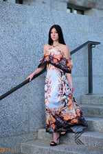 Load image into Gallery viewer, Off-the-Shoulder Formal Kaftan Dress with Floral Patterns | Elegant Scroll Print | Perfect for Summer Evenings, caftan, long maxi dress
