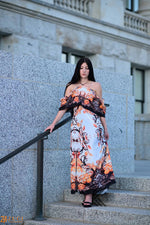 Load image into Gallery viewer, Off-the-Shoulder Formal Kaftan Dress with Floral Patterns | Elegant Scroll Print | Perfect for Summer Evenings, caftan, long maxi dress
