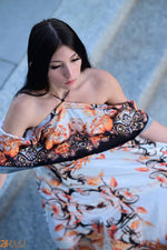 Load image into Gallery viewer, Off-the-Shoulder Formal Kaftan Dress with Floral Patterns | Elegant Scroll Print | Perfect for Summer Evenings, caftan, long maxi dress
