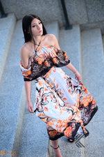 Load image into Gallery viewer, Off-the-Shoulder Formal Kaftan Dress with Floral Patterns | Elegant Scroll Print | Perfect for Summer Evenings, caftan, long maxi dress
