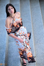 Load image into Gallery viewer, Off-the-Shoulder Formal Kaftan Dress with Floral Patterns | Elegant Scroll Print | Perfect for Summer Evenings, caftan, long maxi dress
