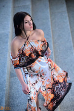 Load image into Gallery viewer, Off-the-Shoulder Formal Kaftan Dress with Floral Patterns | Elegant Scroll Print | Perfect for Summer Evenings, caftan, long maxi dress
