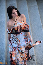 Load image into Gallery viewer, Off-the-Shoulder Formal Kaftan Dress with Floral Patterns | Elegant Scroll Print | Perfect for Summer Evenings, caftan, long maxi dress
