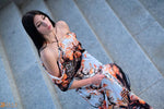 Load image into Gallery viewer, Off-the-Shoulder Formal Kaftan Dress with Floral Patterns | Elegant Scroll Print | Perfect for Summer Evenings, caftan, long maxi dress
