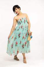 Load image into Gallery viewer, Blue Tropical off shoulder Midi Dress

