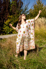 Load image into Gallery viewer, Embroidered Phulkari Kantha Cotton Silk Caftan Dress | Boho Resort Wear
