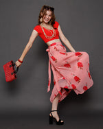 Load image into Gallery viewer, Pink Floral print wrap around skirt for spring and summer
