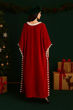 Load image into Gallery viewer,  Festive red velvet kaftan with pom-poms, Christmas morning outfit plus size holiday dress
