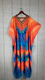 Load image into Gallery viewer, Fiery sunset caftan with batwing sleeves and feather pattern, sheer georgette resort wear maxi dress
