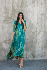 Load image into Gallery viewer, Teal green tie-dyed kaftan dress for women 
