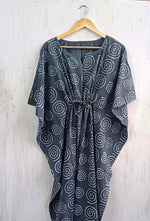 Load image into Gallery viewer, Geometric Cotton Kaftan | Flowy Grey Boho Plus Size Dress with Waist Tie

