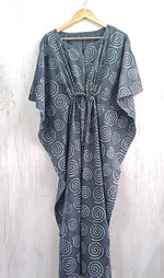 Load image into Gallery viewer, Geometric Cotton Kaftan | Flowy Grey Boho Plus Size Dress with Waist Tie
