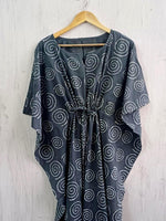 Load image into Gallery viewer, Geometric Cotton Kaftan | Flowy Grey Boho Plus Size Dress with Waist Tie
