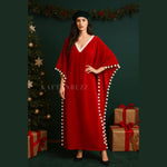 Load image into Gallery viewer, Luxurious red velvet holiday kaftan dress with fluffy white trim, festive Christmas loungewear plus size
