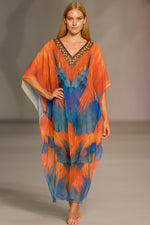 Load image into Gallery viewer, Orange feather print batwing caftan dress in sunset hues, sheer boho maxi beach cover up for women
