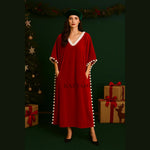 Load image into Gallery viewer, Red velvet Christmas kaftan styled for holiday party, festive loungewear maxi dress
