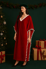 Load image into Gallery viewer, Santa inspired red velvet kaftan dress full length view, holiday maxi caftan with white trim
