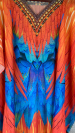 Load image into Gallery viewer, Sheer orange batwing caftan dress full length view, boho beach cover up with feather print plus size
