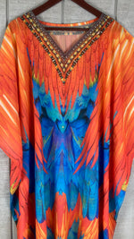 Load image into Gallery viewer, Sunset hues feather print caftan with wide batwing sleeves, lightweight boho resort wear maxi
