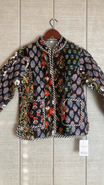 Load image into Gallery viewer, Vintage black quilted patchwork jacket detail showing handcrafted kantha embroidery and textured fabric patches
