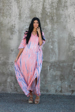 Load image into Gallery viewer, dye pattern on kaftan dress showing pink, purple and white swirls

