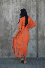 Load image into Gallery viewer, Hand-Dyed Tie-Dye Orange Maxi Kaftan Dress with Pockets – Loose Fit, V-Neck, Breathable Rayon

