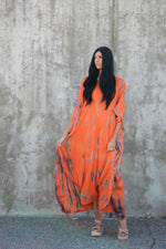 Load image into Gallery viewer, Hand-Dyed Tie-Dye Orange Maxi Kaftan Dress with Pockets – Loose Fit, V-Neck, Breathable Rayon
