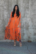 Load image into Gallery viewer, Hand-Dyed Tie-Dye Orange Maxi Kaftan Dress with Pockets – Loose Fit, V-Neck, Breathable Rayon
