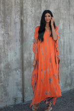 Load image into Gallery viewer, Hand-Dyed Tie-Dye Orange Maxi Kaftan Dress with Pockets – Loose Fit, V-Neck, Breathable Rayon

