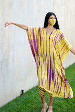 Load image into Gallery viewer, Hand-Dyed Tie-Dye Women's Kaftan Dress with Pockets – Yellow &amp; Purple Maxi Dress

