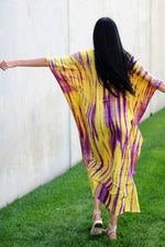 Load image into Gallery viewer, Hand-Dyed Tie-Dye Women's Kaftan Dress with Pockets – Yellow &amp; Purple Maxi Dress
