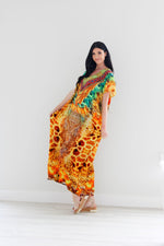 Load image into Gallery viewer, Silk caftan dress in yellow animal print design
