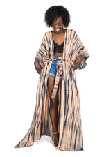 Load image into Gallery viewer, Woman wearing tie-dye kimono robe - full length view showing flattering plus size fit
